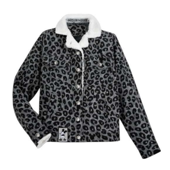 DISNEY Mickey Mouse leopard print grey black Sherpa shacket jacket crop coat S - Picture 17 of 17